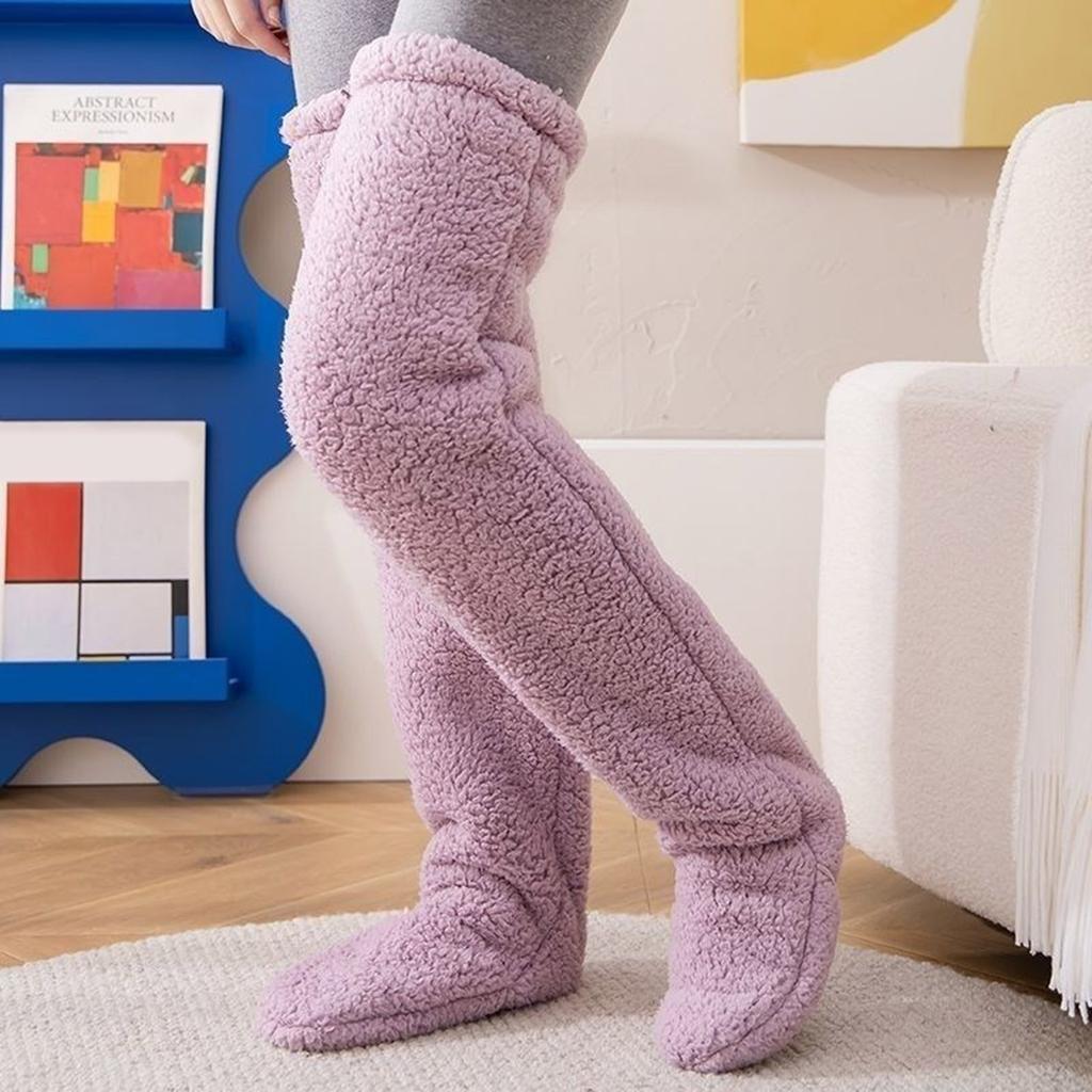 Womens Over Knee High Fuzzy Socks Cute Cartoon Thigh High Stockings Warm Solid Color Leg Warmers Christmas