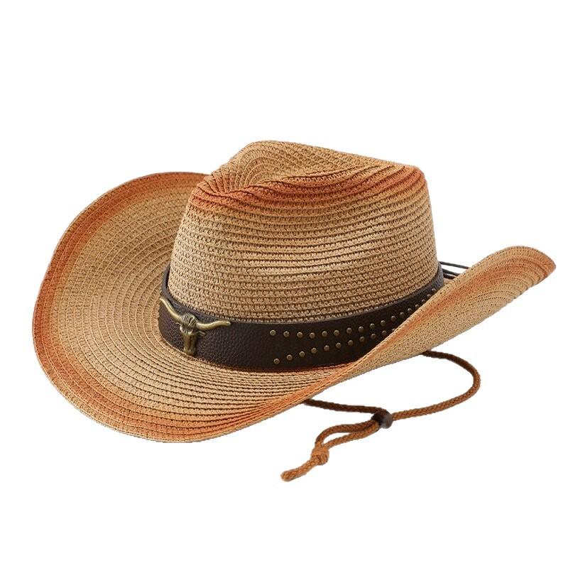 European and American Fashion Big Eaves Western Cowboy Hat Women's Spring and Summer New Rolled Edge Bull Head Sunscreen Shade Straw Hat