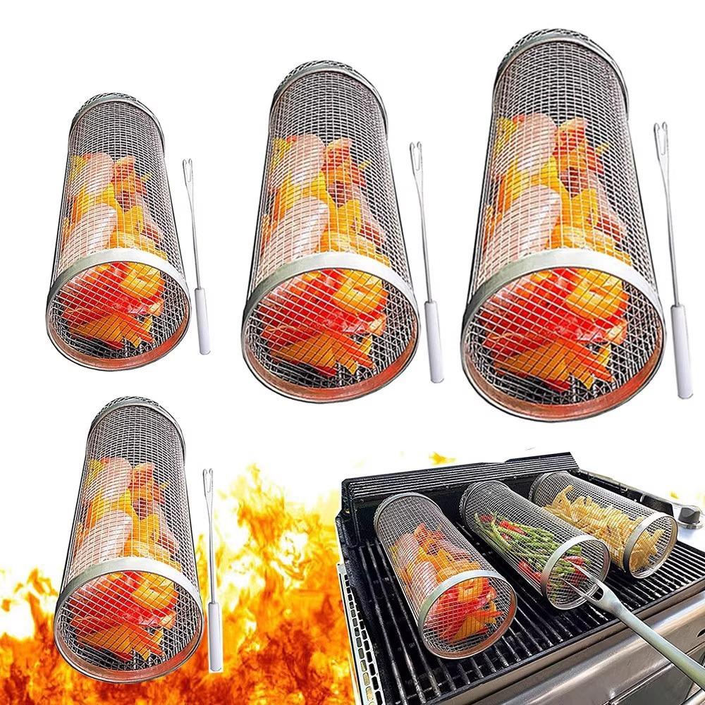 Outdoor BBQ Portable Barbecue Basket, Stainless Steel Circular Rotating Drum Barbecue Cage, Mesh Cage Barbecue Grill