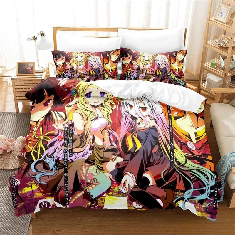 3D-Bettwäscheset „No Game No Life“ für Anime, Bettbezug, Bettgarnitur, Steppdecke, Kissenbezug, King-Size-Bett, Queen-Size-Bett, Twin-Size-Bett, Jungen, Mädchen, Erwachsene