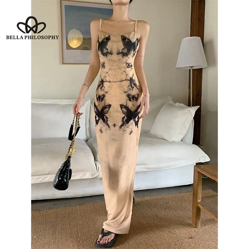 Summer French Style Design Sense Unique Ink Butterfly Print Waist Pleated Slim-fit Slim-fit A-strap Dress