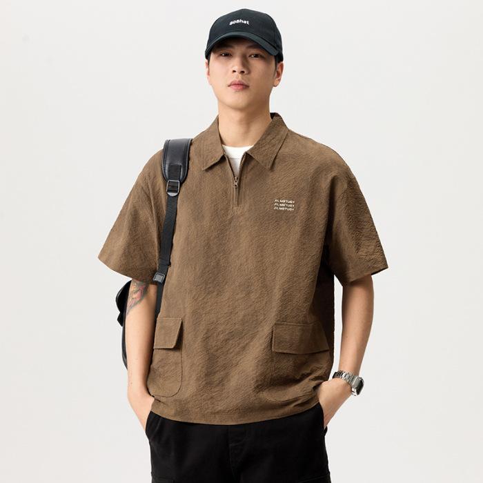 Summer Retro Ice Silk Bubble Textured Pattern Shirt Lapel Loose Casual Short-sleeved Shirt