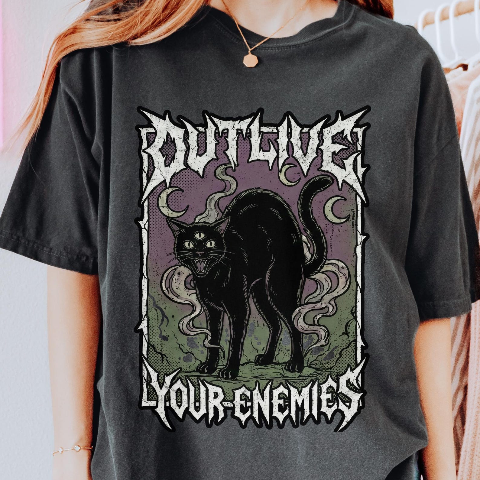 Outlive Your Enemies Tee | Gothic Black Cat, Occult Art 2XL