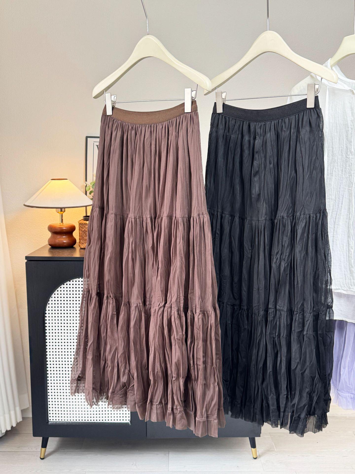 Women’s French-Style High Waist A-Line Mesh Skirt | 2026 Fairy Pleated Loose Hem One Size кофейный