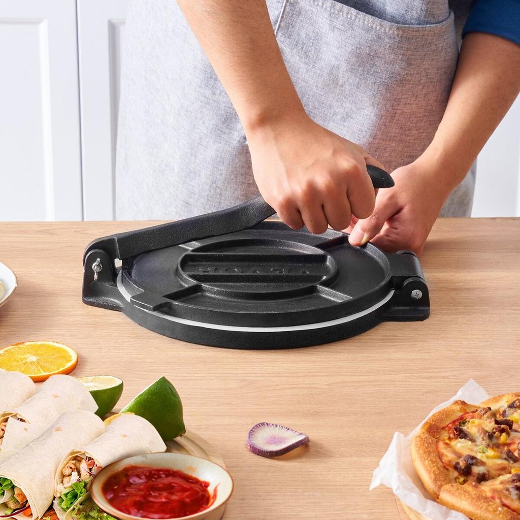 Tortilla Press, 10 Inch Tortilla and Roti Maker, Cast Iron Heavy Duty Tortilladora Press, Pre-Seasoned Pataconera Maker with 100 Pcs Parchment Paper,