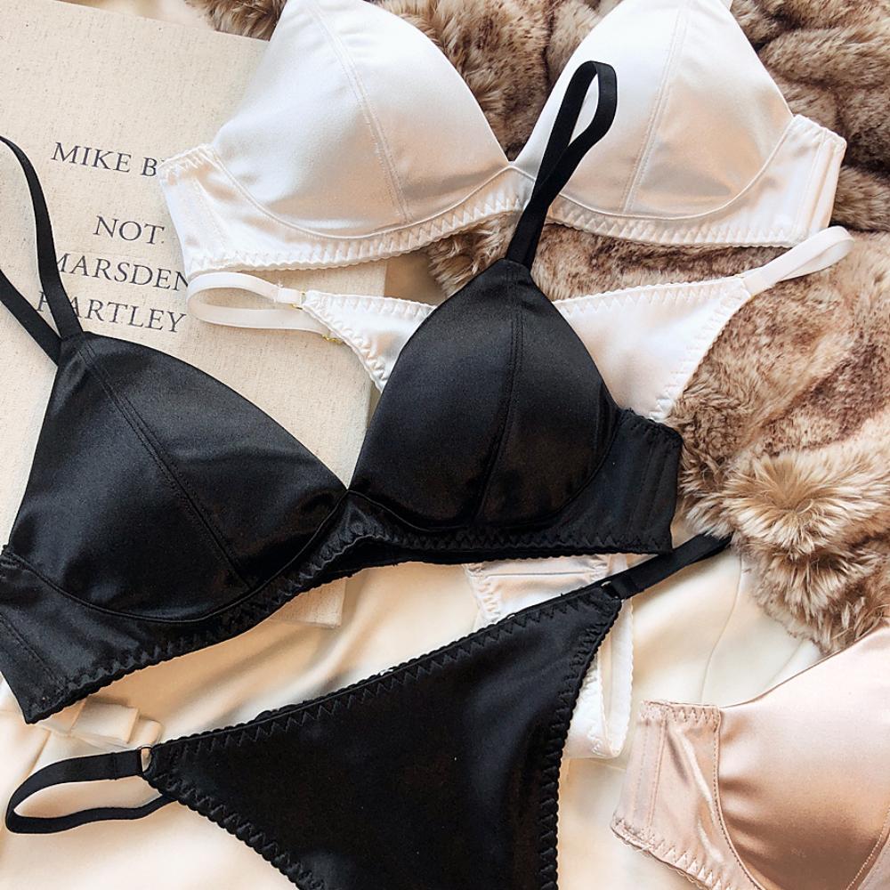 Set intimo estivo da donna, reggiseno senza ferretto con coppa triangolare in seta sexy, bralette francese, reggiseno e perizoma senza cuciture