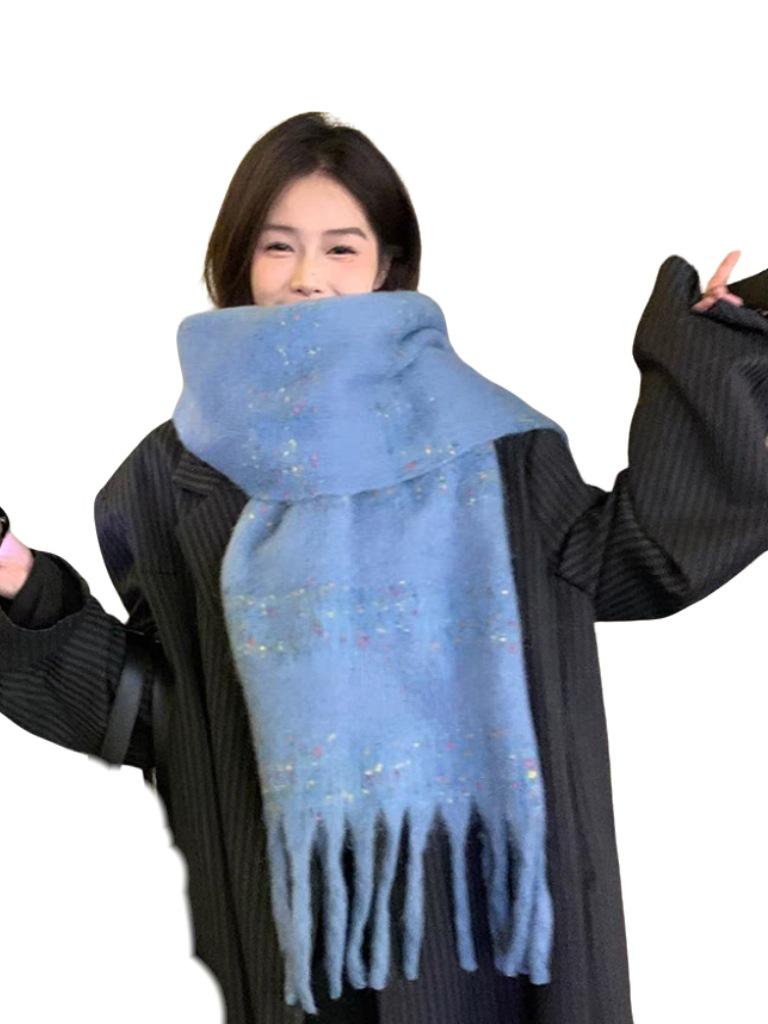 

Новый однотонный мохеровый пуловер-шарф женский студенческий мохеровый толстый бородатый утолщенный теплый платок 200cm*50cm280g небесно-голубой