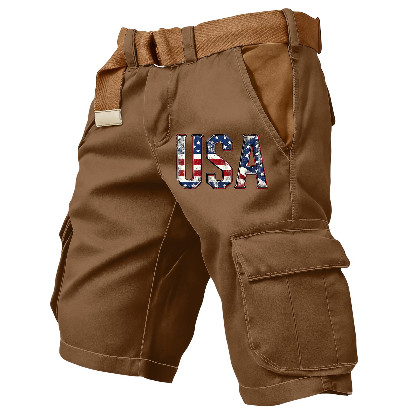 

Men s independent day print outdoor casual patchwork pocket work pants sports shorts L коричневий