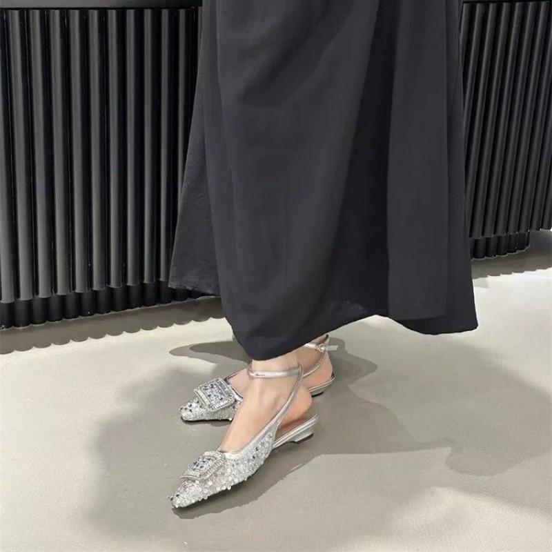 Sandale Balerini cu Cristale Strălucitoare pentru Femei, de Lux, cu Vârf Pătrat, Adânci, cu Cataramă, Pantofi de Dans Balet, Vară Nou, Sandalias De Mujer