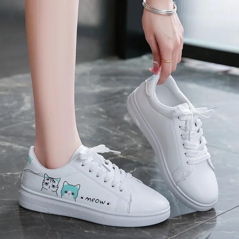 Cat Pattern Breathable Women's Casual Shoes Spring Summer New Style Korean Flat Platform Sneakers Student Sports Shoes