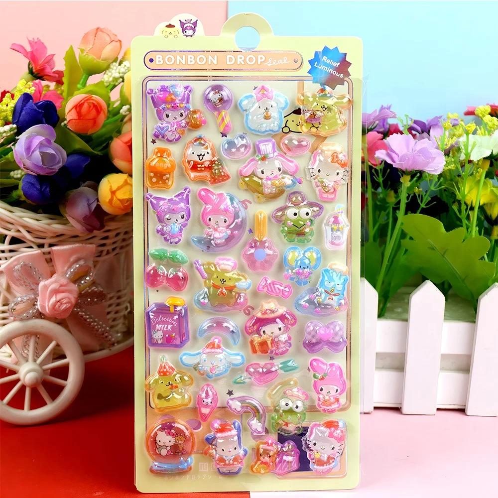 3D Hello Kitty Stickers Relief  Melody Crystal Kawaii Kuromi Luminous Cinnamoroll Sticker Decals Kids Decoration Packs Gift