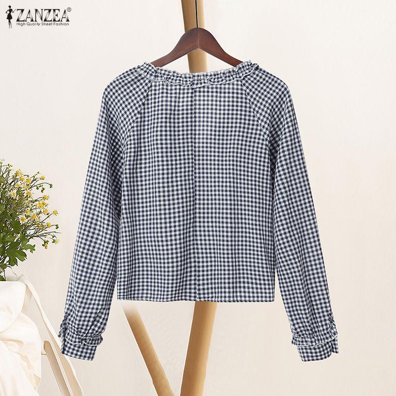 ZANZEA Women Casual V-Neck Plaid Print Loose Long Sleeve Blouse