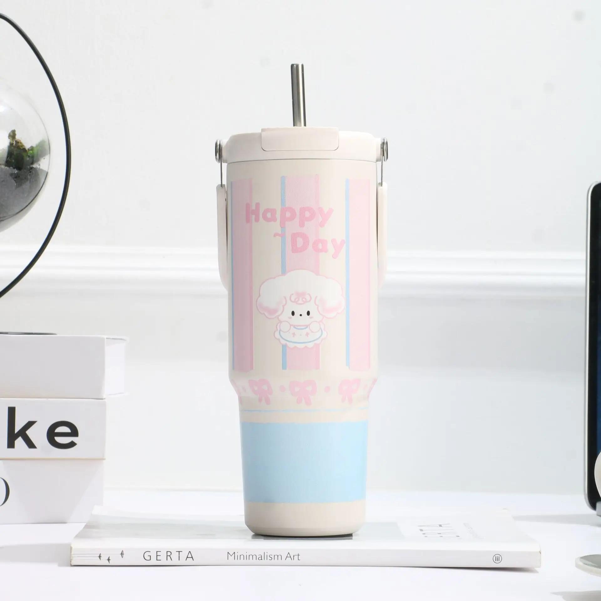 

900ML Cute Insulated Tumbler Coffee Cup For Girls 316 Stainless Steel Thermo Bottle Travel Mug Vacuum Flask With Handle Straw 900ml