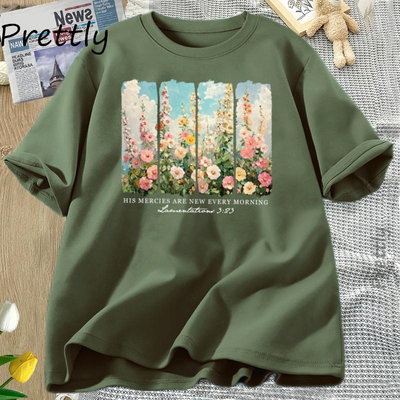Retro Flower Print Cotton Clothing T-Shirt for Woman Are New Every Morning T Shirt Cozy Tee