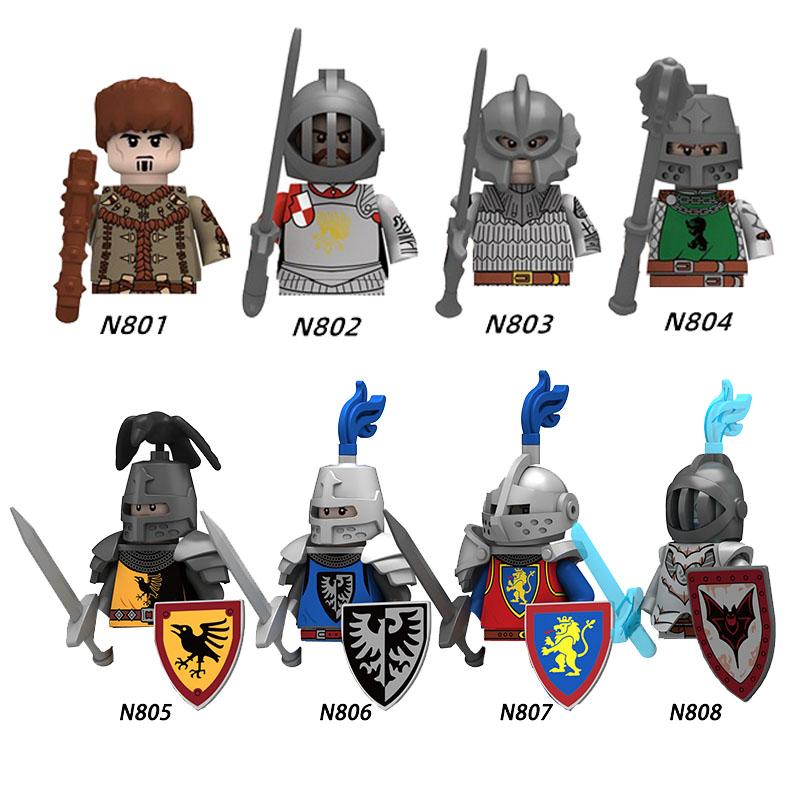 MOC Mittelalterliche Burg Rabe Schwarzer Falke Ritter Figuren Bausteine Infanterie Kriegswaffe Soldat Schild Schwert Rüstung Kinderspielzeug B143