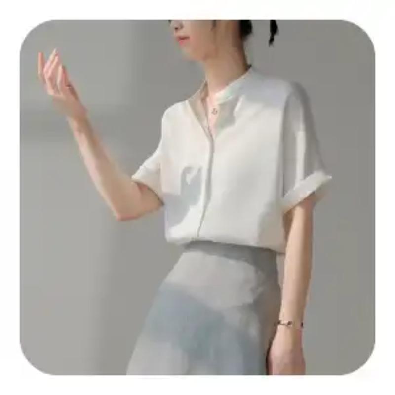 

Women s Loose Fit Blue Manin Collar Short Sleeve Shirt Casual Chiffon Blouse with Rolled Cuffs S