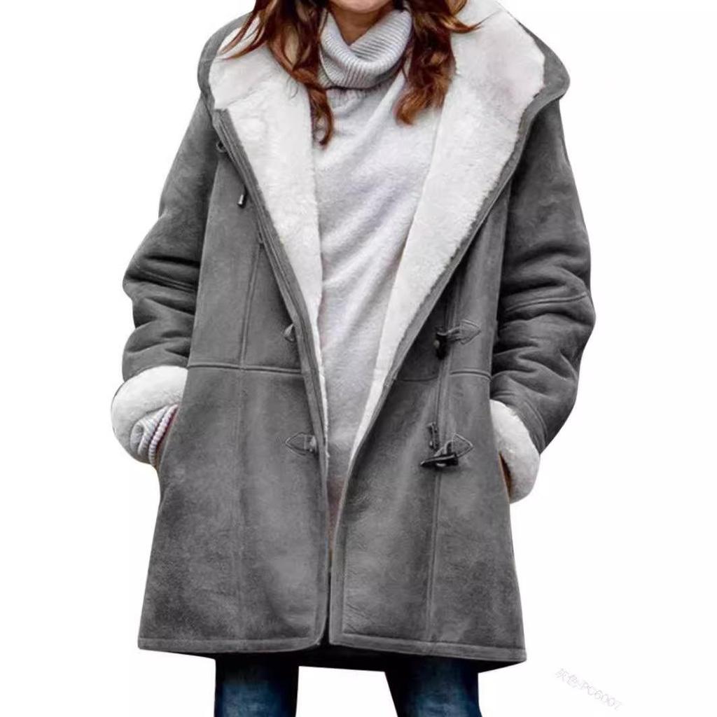In Stock: New Style Women's Top Coat with Plus Velvet, Fur Collar, and Pockets