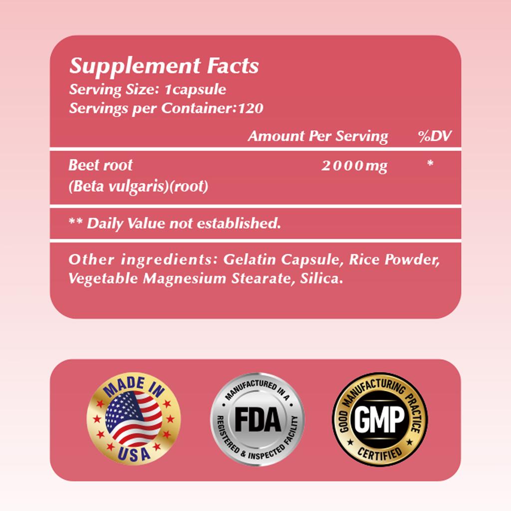 Hooggedoseerde bietencapsules, 2000 mg per portie, zeer goed opneembaar, geschikt voor zowel mannen als vrouwen.