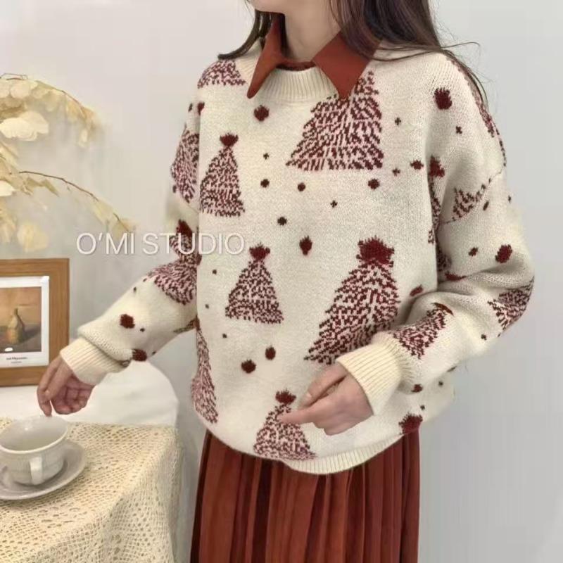 

Autumn and winter new round neck pullover loose lazy style Christmas design versatile knitted sweater top women Average size
