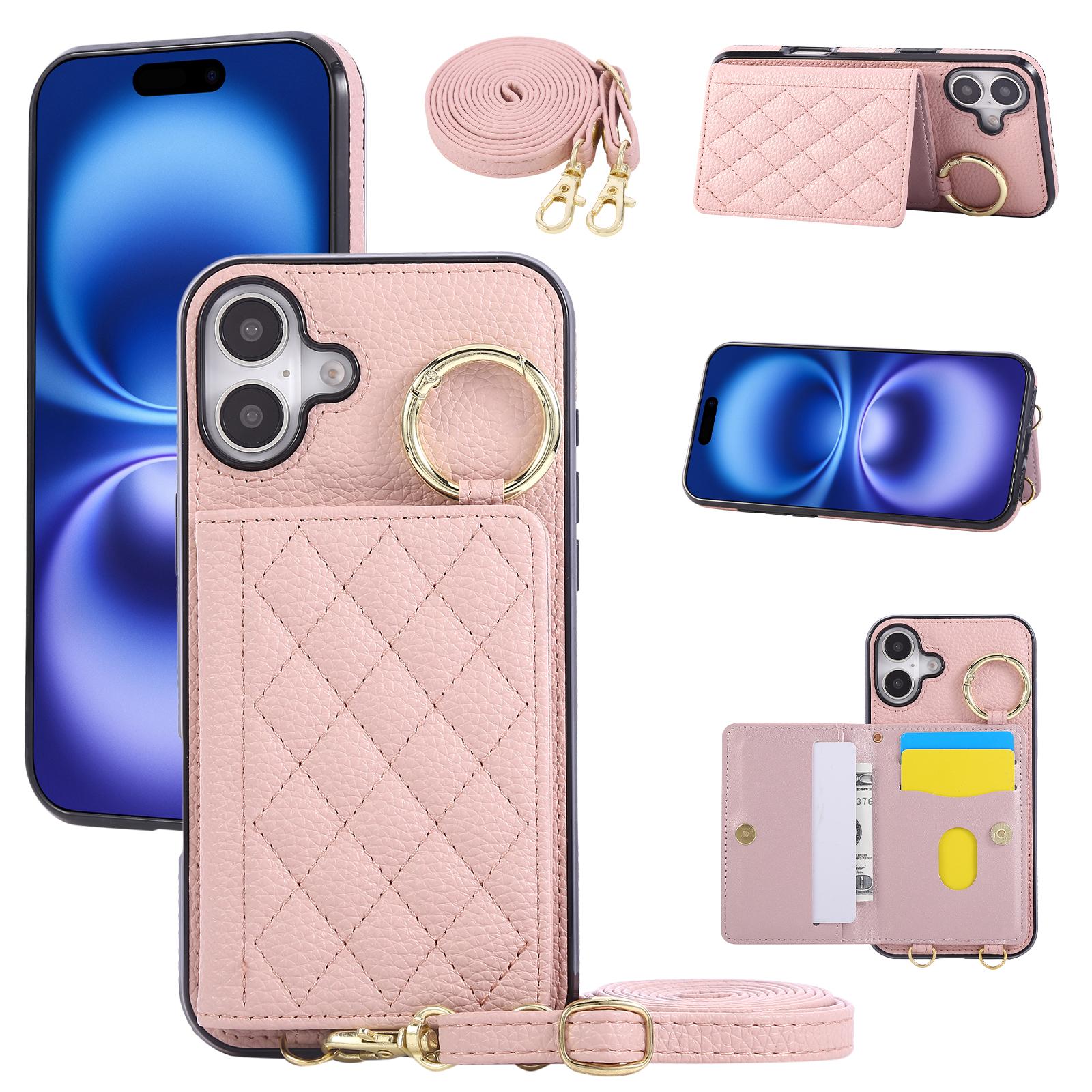 

For iPhone 16 Case Kickstand Rhombus Leather+TPU Phone Cover with Shoulder Strap Pink