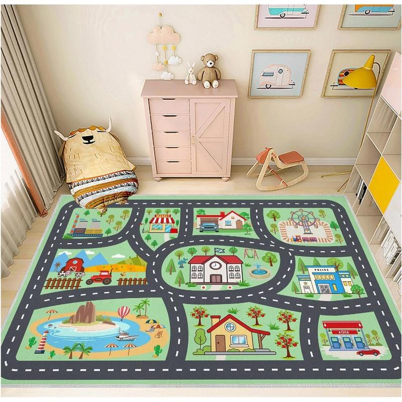 Kids City Road Play Rug Educational Traffic Map Carpet Multi-Scenes Game Mat Factory Farm Police Station Non-Slip Playroom Decor