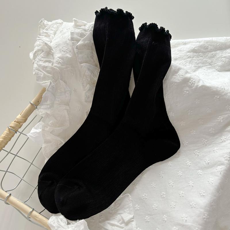 Women's White Ruffled Mesh Crew Socks - Breathable, Sweat-Absorbent, Solid Color, Trendy Summer Style