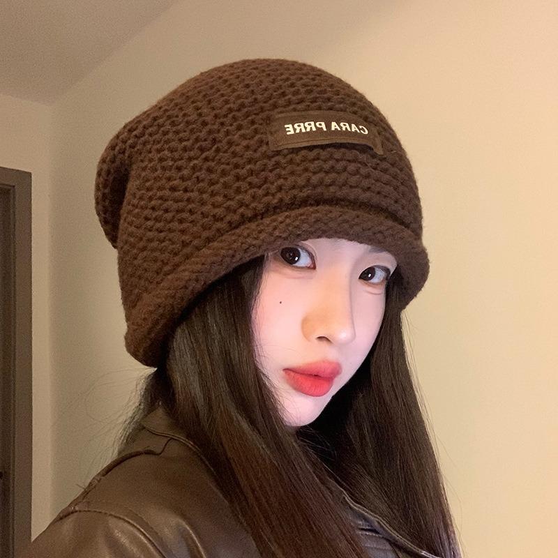 Rolling Pile Hat Women's Autumn and Winter Big Head Circumference Confinement Cold Hat Showing Small Face Warm Knitted Wool Hat