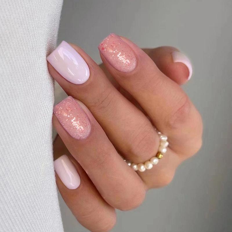 Medium and long pink and white girl glitter pink sequins fake nails eraser pink and white solid color wearing nail pads