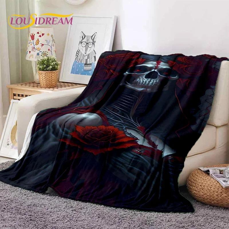 Totenkopf Totes Mädchen 3D Gothic Horror Weiblich Rose Weiche Flanelldecke für Betten Schlafzimmer Sofa Picknick, Überwurfdecke zum Zudecken Freizeit