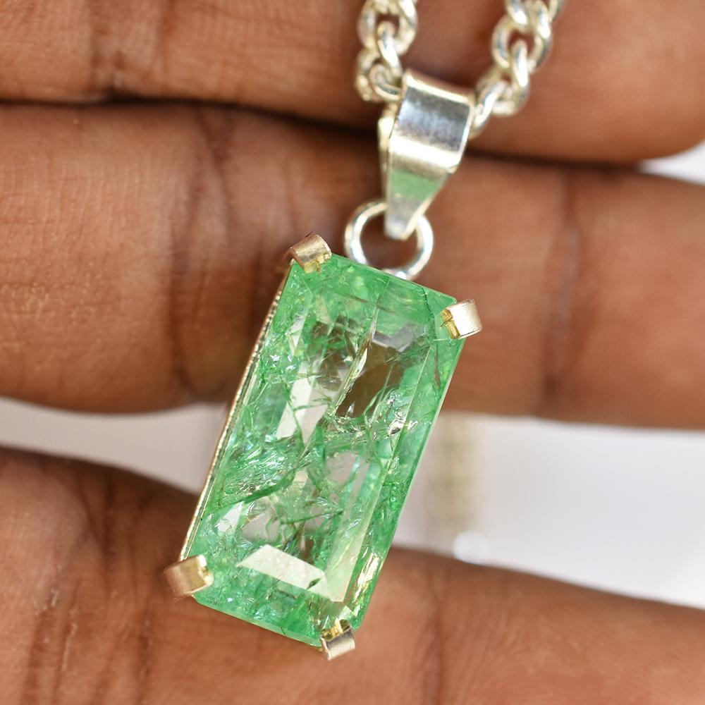 A+ CERTIFIED 45 Ct Natural Green Emerald 925 Sterling Silver Emerald Cut Pendant MY.PD-179-NS