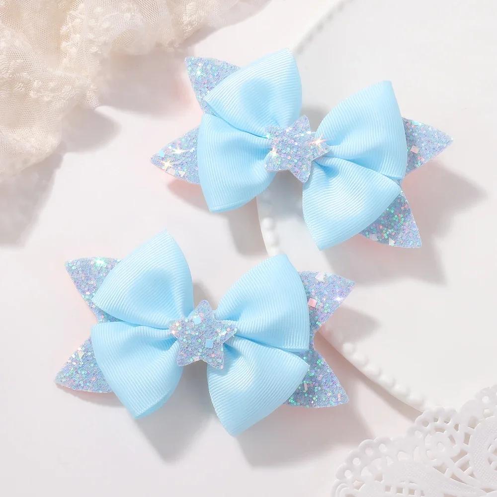 LOVEKIKI 2Pcs 4.33inch Star Glitter Bow Hair Clips for Girls Boutique Ribbon Dovetail Barrette Headwear Child Hair Accessories