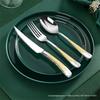 304 Stainless Steel Gold-Handled Western Cutlery: Knife, Fork, and Spoon Set for Home or Restaurant.