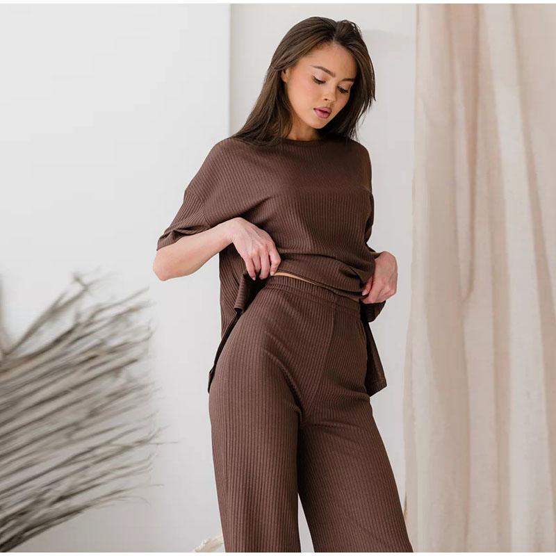 

2025 Свободный крой, простой однотонный повседневный костюм для женщин, весна-осень, новая фактура, эластичная талия, одежда для сна, женский комплект с широкими брюками 2XL