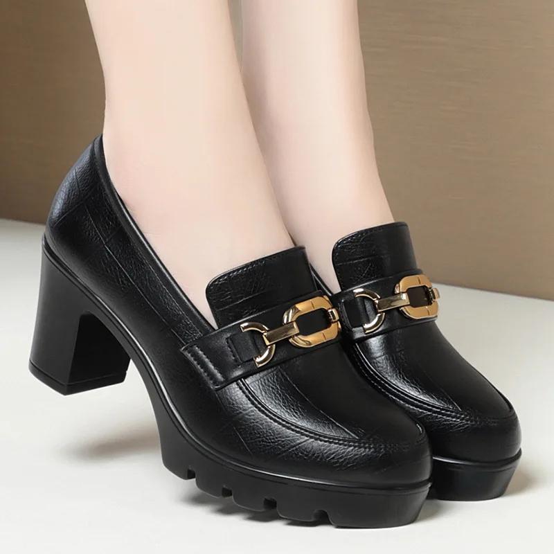 Soft Leather Black Shoe Woman Block Pumps 2025 Thick Bottom Platform Shoes Model Office Work 6.5 Cm 8 Cm High Heels Grace