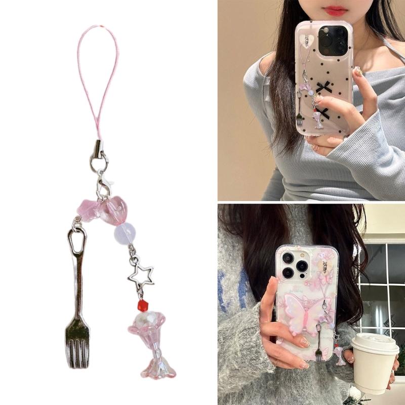 Cute Beaded Fork Phone Chain Ornament Heart Beaded Cellphone Pendant Phone Lanyard Bag Charm for Fashionable Individuals