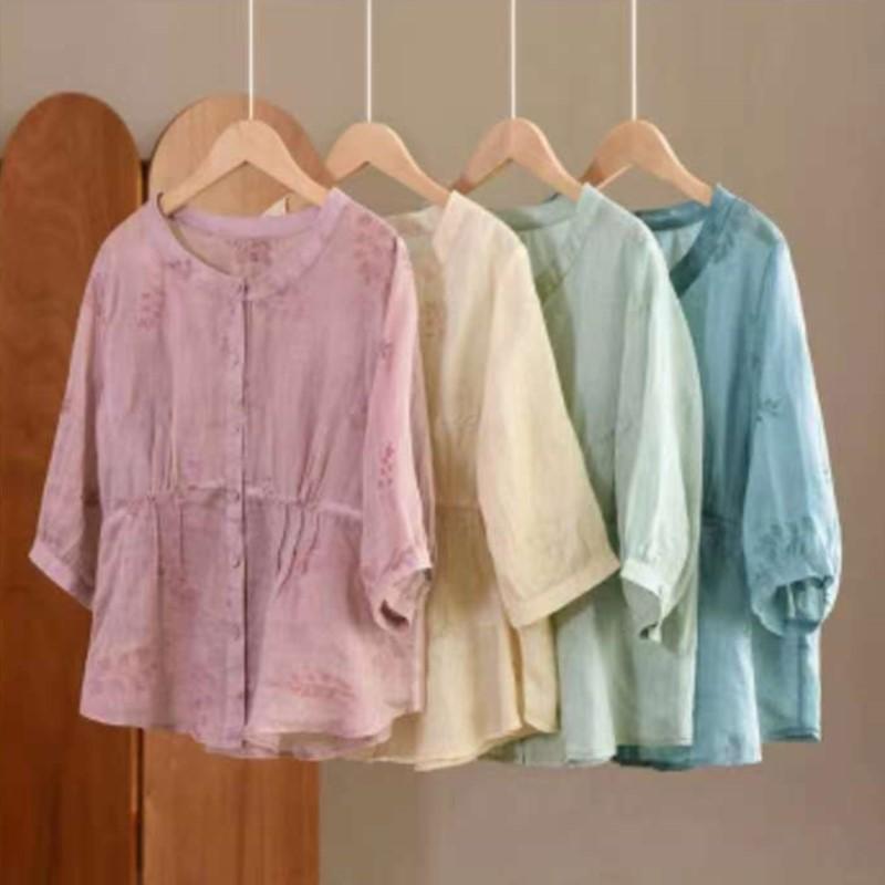 Johnature Women Embroidery Floral Shirts O-Neck Half Sleeve Tops Summer Solid Color Women Button Blouses