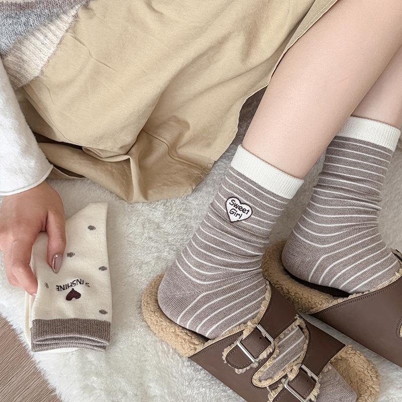 Women's Striped Embroidered Wool Mid-Calf Socks - Soft, Thick, Warm, Japanese Style for Autumn/Winter