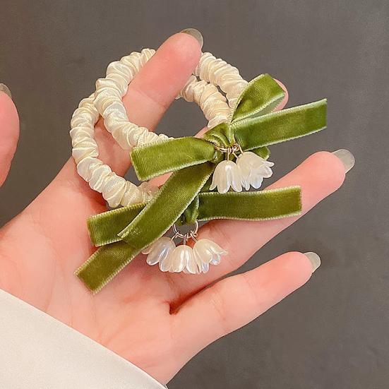 Girl Hair Tie Flower Charm Velvet Bow Decor Soft Pleated Fabric High Elastic Rubber Band Hair Rope Travel Commuting Hair Accessories