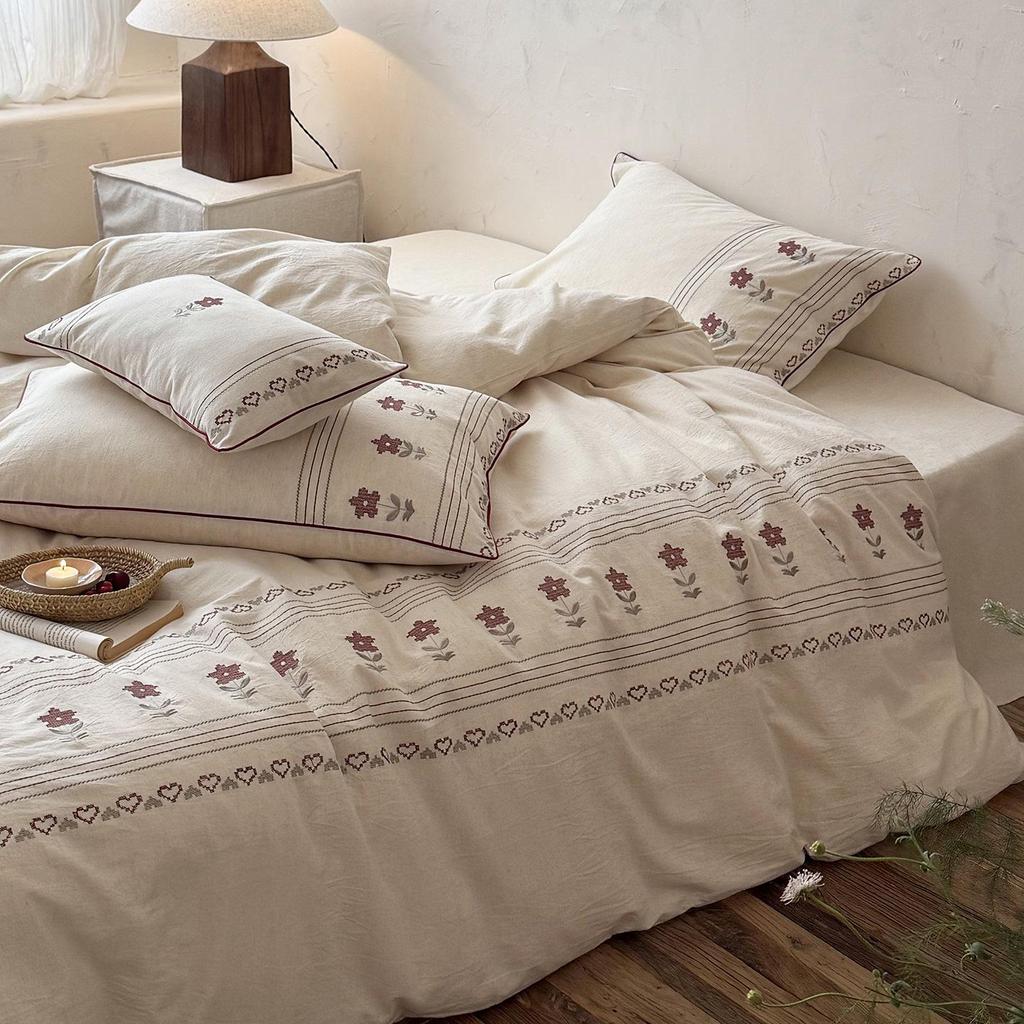 Spring/Summer Skin-Friendly Breathable Yarn-Dyed Cotton-Linen Embroidered Bedding Set