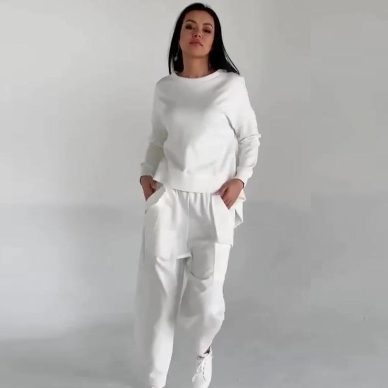 2024 European & American Casual Solid Color Two-Piece Set: Versatile Top and Long Pants for Women