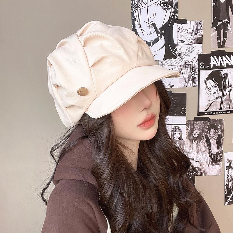 New Black Pleated Cloud Hat for Women with Big Head Octagonal Hat Showing Versatile Face Beret for Women