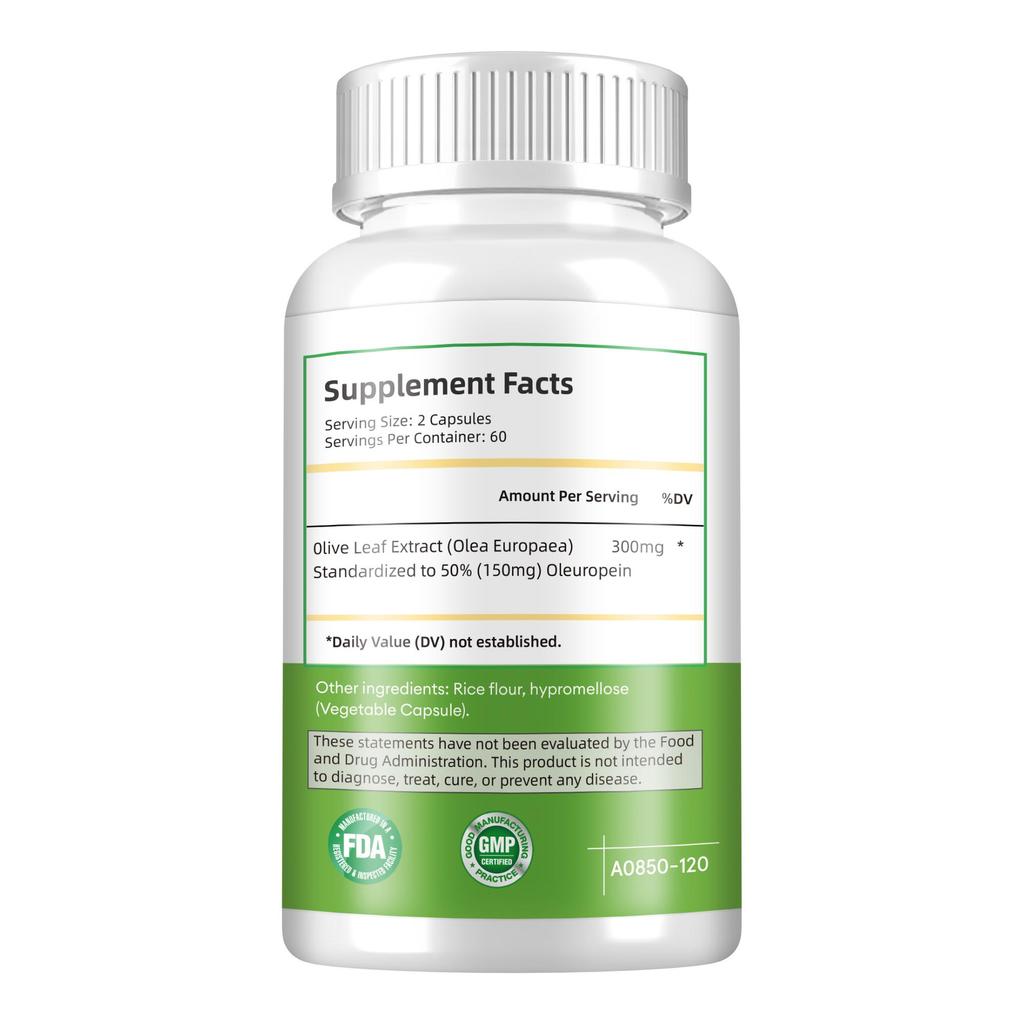 High-strength olive leaf capsules, olive leaf extract, containing oleuropein, suitable for adults.
