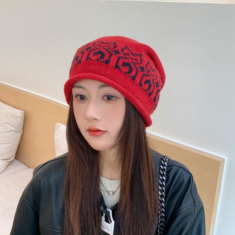 Fashion color matching crimped stacking hat women's knitted jacquard bag hat autumn and winter warm cover wool hat