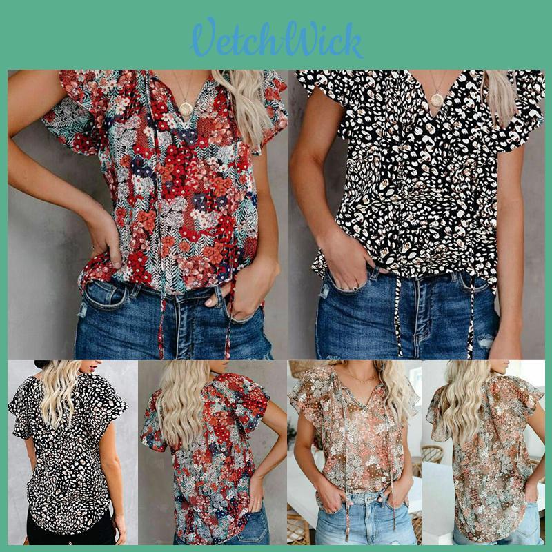 Elegant Womens Summer V Neck Short Sleeve T Shirt Featuring Vibrant Floral Print Design