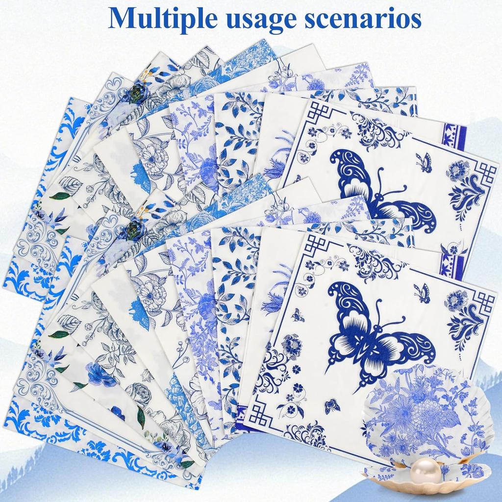 20 Pack 10 Styles Decoupage Paper Napk, Blue Floral Decorative Cocktail Toile Napk for DIY Crafting Birthday Party Baby Shower