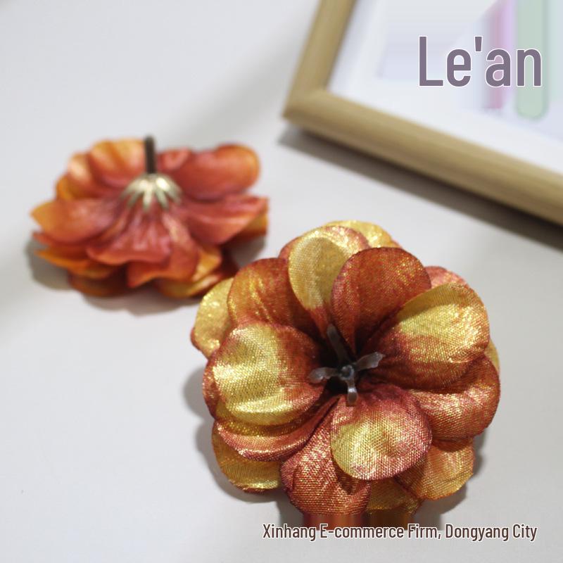 Camellia Gold Thread Artificial Flower Heads for DIY Hairpins and Home Decor Ornaments