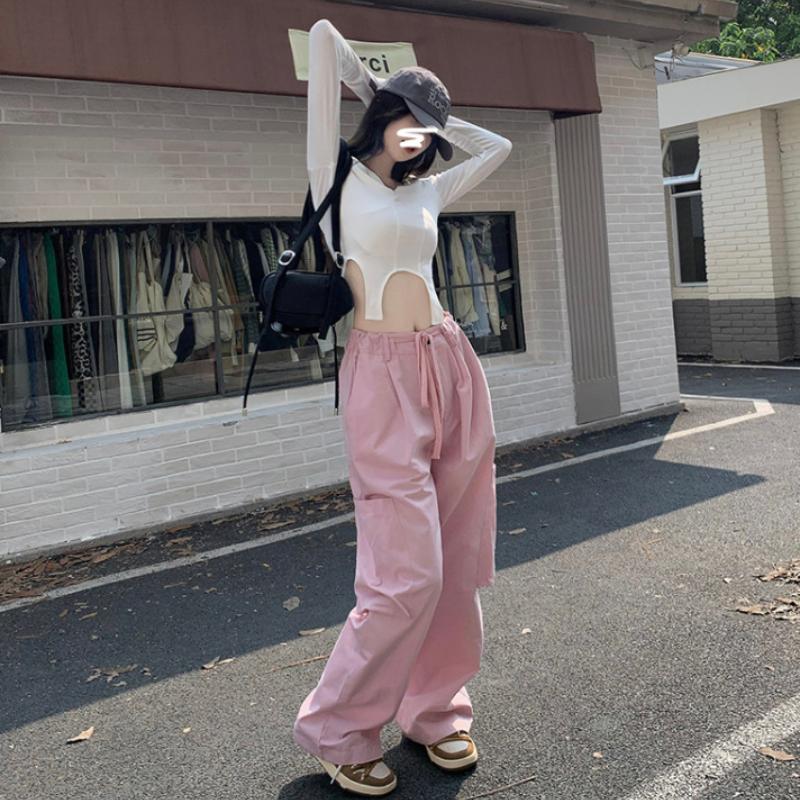 Grau Amerikanischer Herbst Süß Cooles Mädchen Rosa Lockeres Design Retro Nische Lässige Weitbeinige Hose Damenbekleidung Cargo Y2k