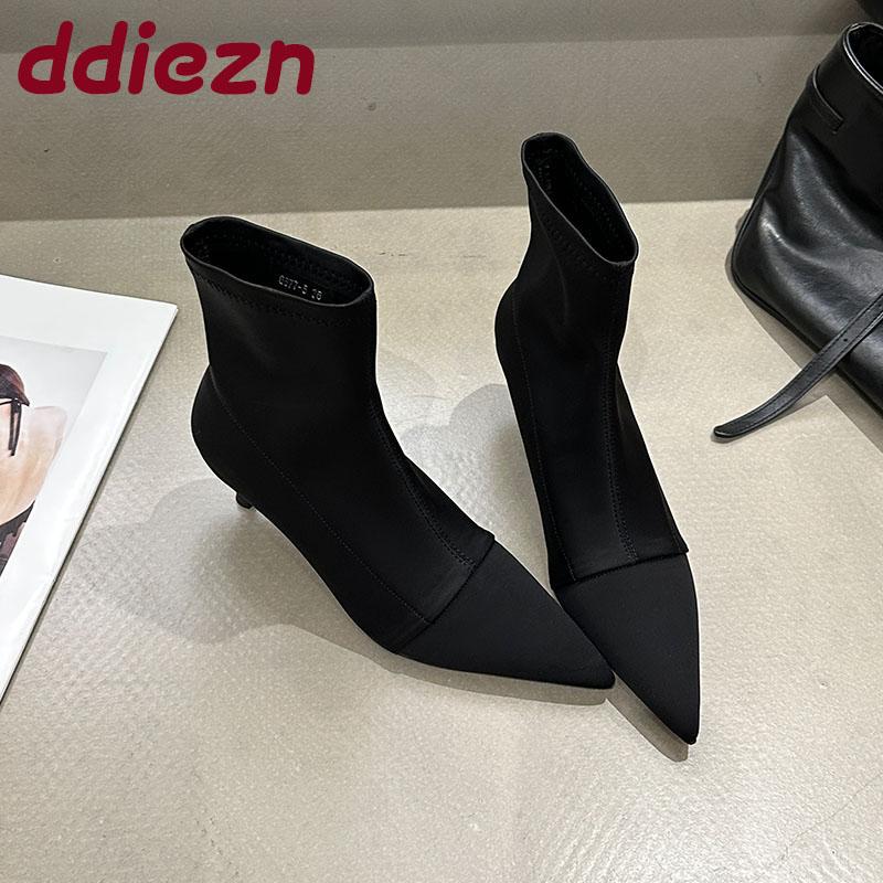 Fashion Fashion Elastic Footwear Heels Ankle Boots Shoes For Women Female Pointed Toe Ladies Short Stretch Boots Slip On Shoes