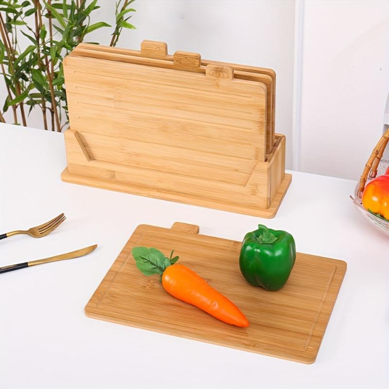 4pcs Bamboo Cutting Board Set with Stand Food Icons Juice Groove for Meat Fish Bread Vegetables Fruits Christmas Kitchen Tool