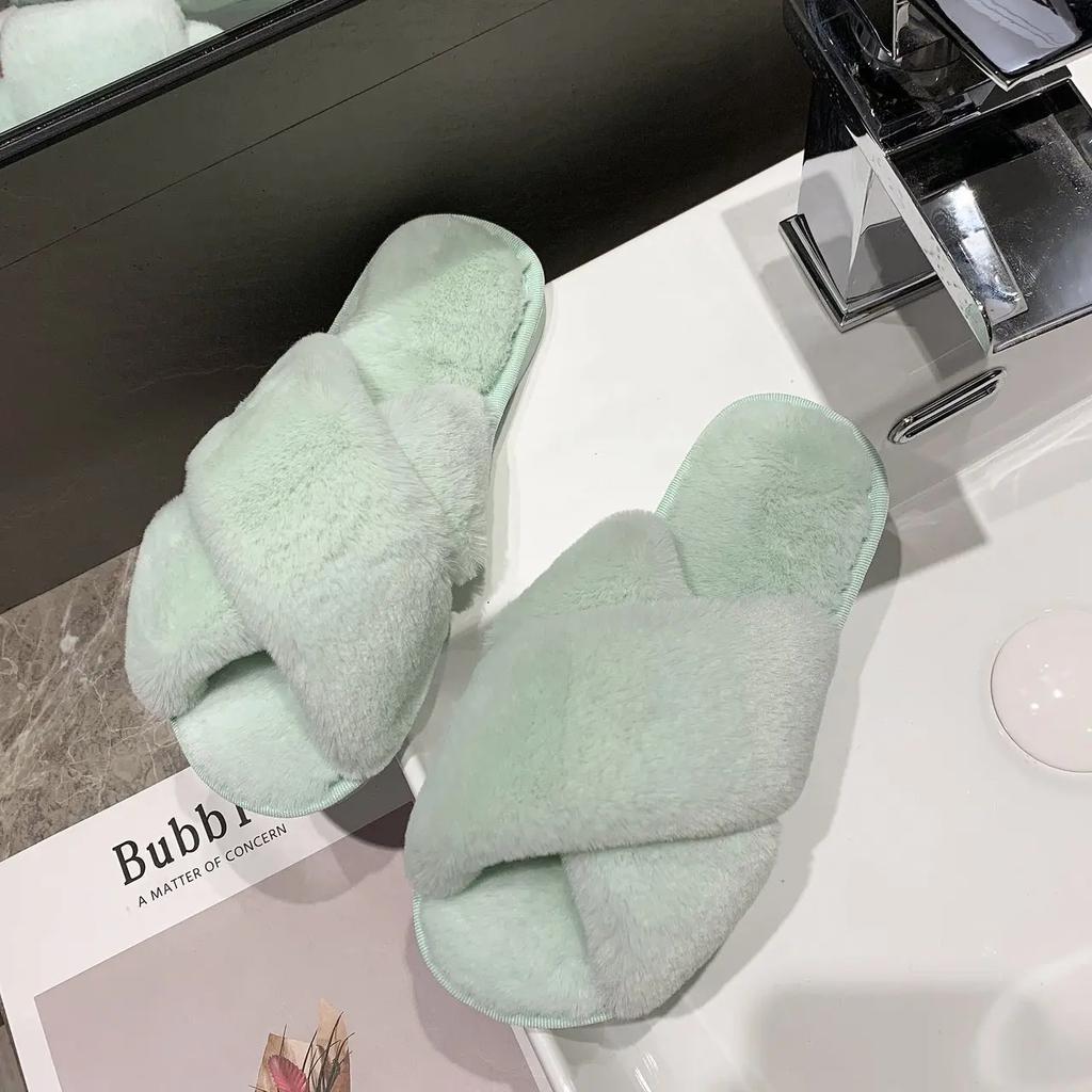 NEW Design Women Winter House Furry Slippers Women Cross Fluffy Fur Home Slides Flat Indoor Floor Shoes Ladies Flip Flops